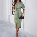 Solid Color Temperament V-Neck Short-Sleeved Dresses Wholesale Womens Clothing N3824022600015