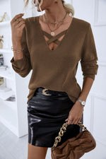 Fashion Solid Color Long Sleeve Hollow V-Neck Warm Sweater Wholesale Womens Tops