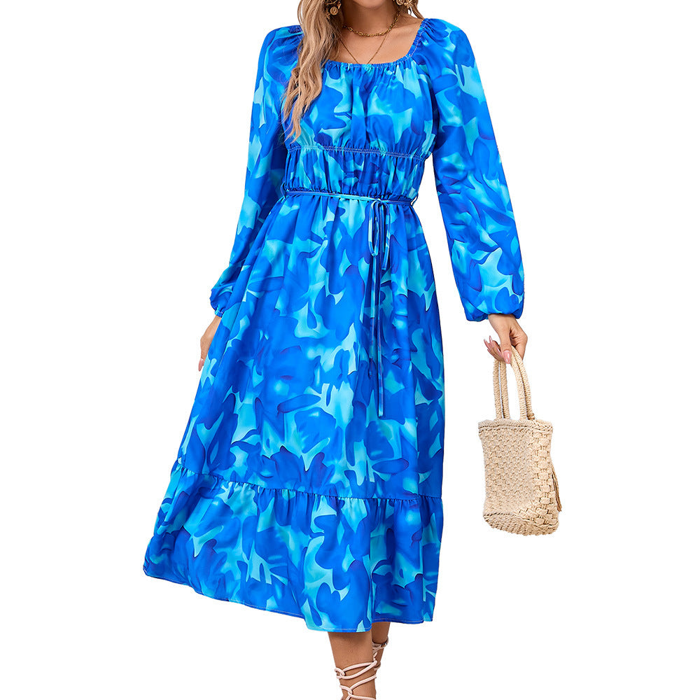 Long Sleeve Printed Fitted Midi Dresses Wholesale Womens Clothing N3824070500014