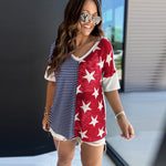 Independence Day Knitted Stitching Stripe Star Print Short-Sleeved Top Wholesale Women'S Top