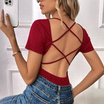 Sexy Solid Color Cross Backless Slim Short-Sleeved T-Shirt Wholesale Womens Tops