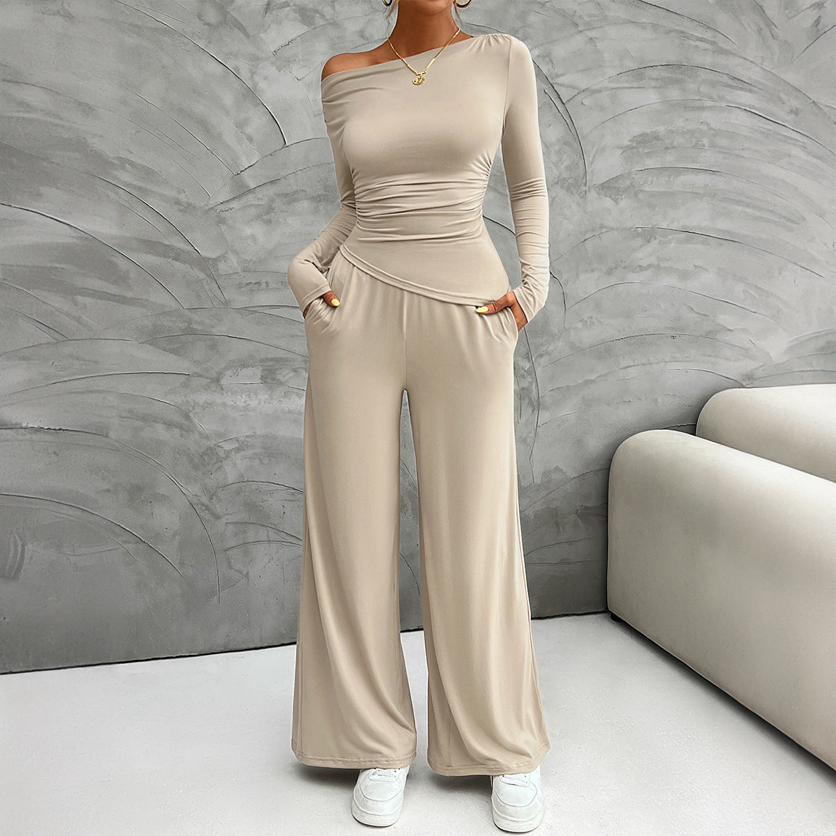 Slim Long Sleeve Tops Wide Leg Pants Set Wholesale Womens Clothing N3824072300005