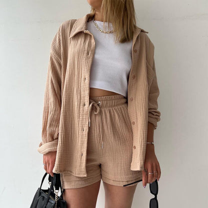 Women's Two-Piece Sets Lapel Shirt High-Waisted Drawstring Shorts Wholesale Womens Clothing N3823100900069