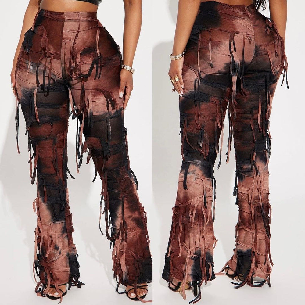 Fashion Tie-Dye Tassel High Waist Slim Fit Pants Wholesale Womens Clothing N3824083000017