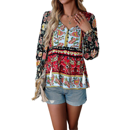 Bohemian Casual Floral Print Long Sleeve Shirt Wholesale Womens Tops