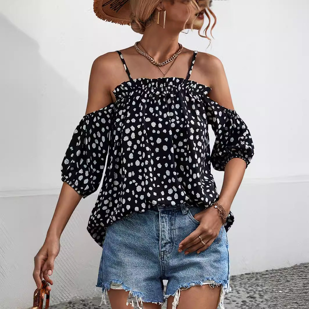 Halter Strapless Ruffle Dot Polka Dot Tops Wholesale Womens Clothing N3824050700104