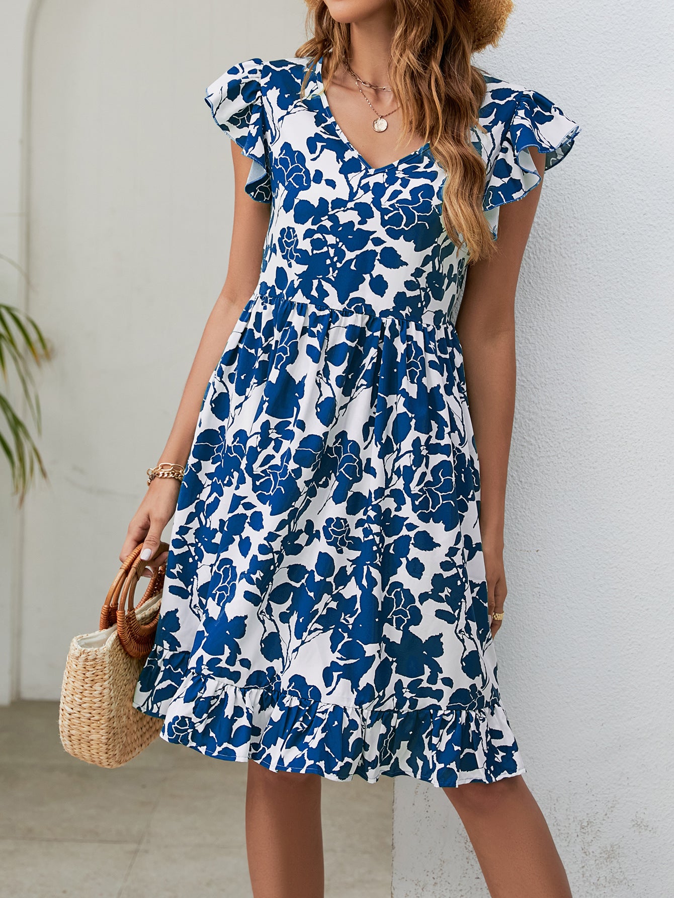 Women's Leaf Print V-Neck Fly Sleeve Resort Dresses Wholesale Womens Clothing N3824010500008