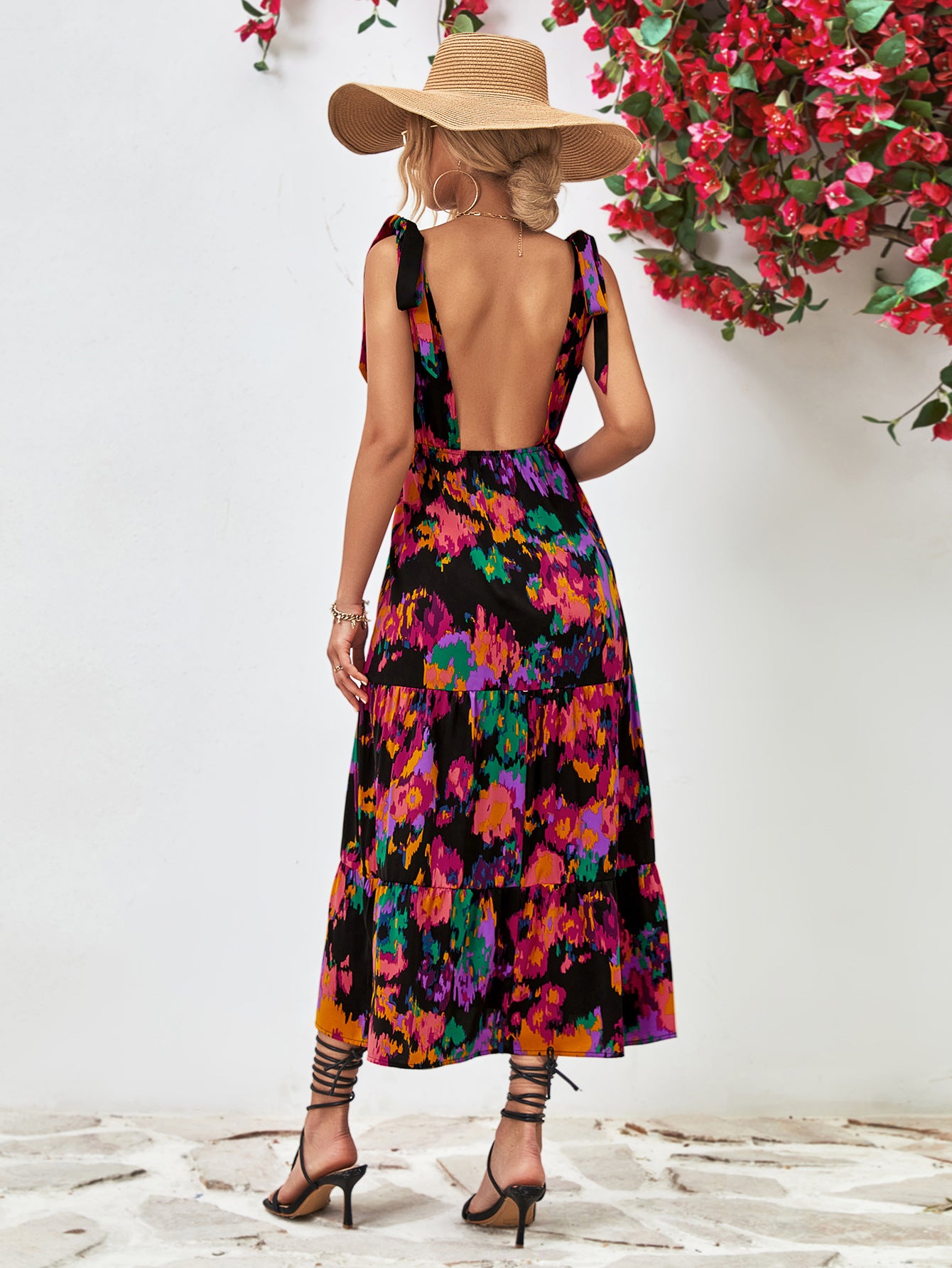 Bohemian Backless Strappy Printed V-Neck Sleeveless Dresses Wholesale Dresses