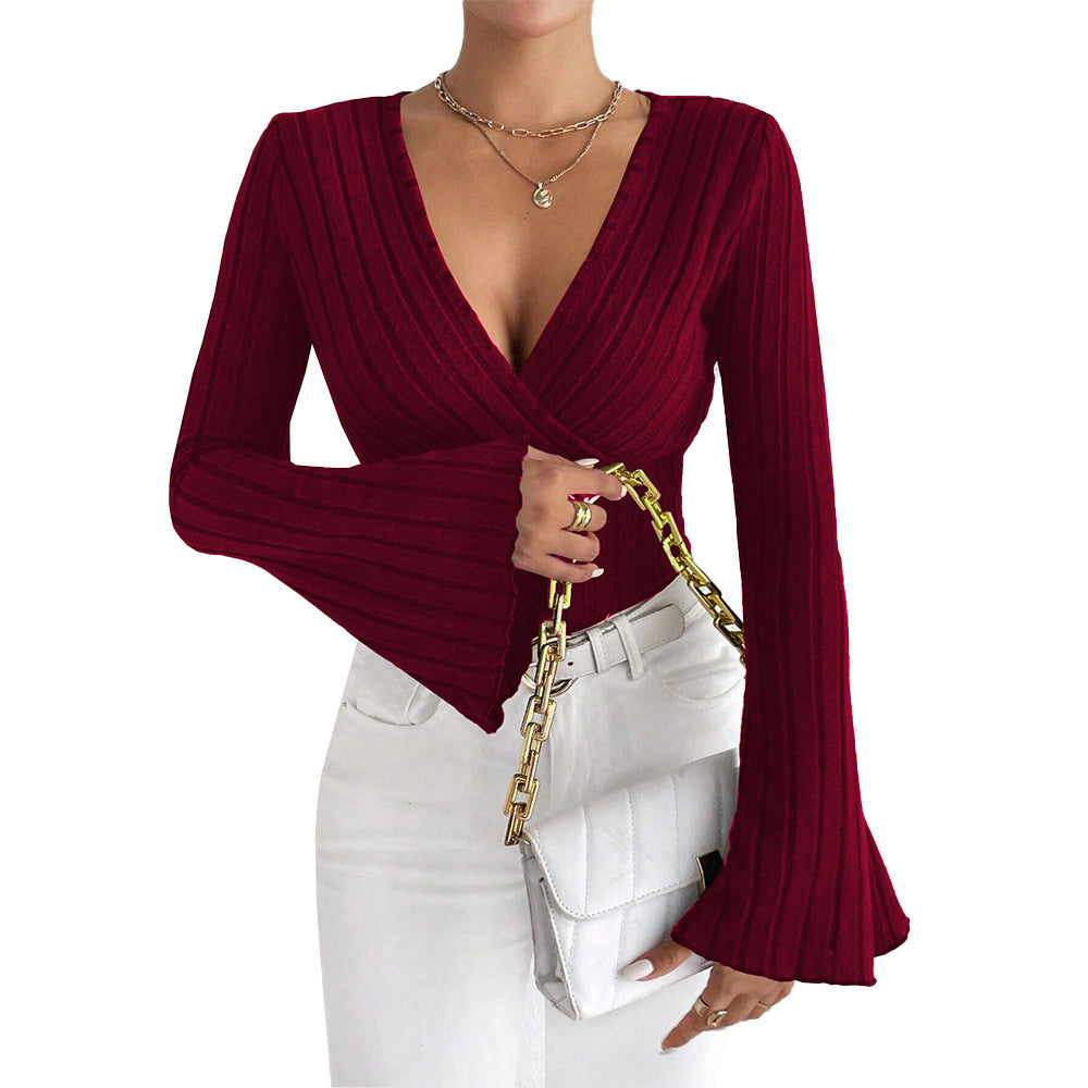 V-Neck Trumpet Sleeve Burgundy Slim Fit Bottoming Tops Wholesale Womens Clothing N3824070500018