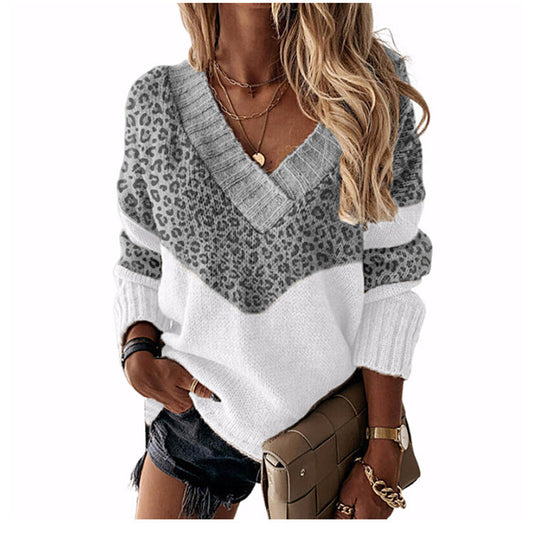 Leopard Print Colorblocking V-Neck Loose Pullover Knit Sweater Wholesale Womens Tops