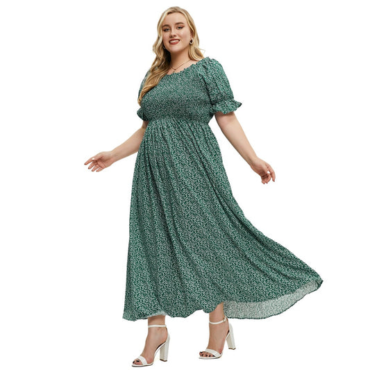 Plus Size Round Neck Short Sleeve Smocked Maxi Dresses Wholesale Womens Clothing N3824080300050