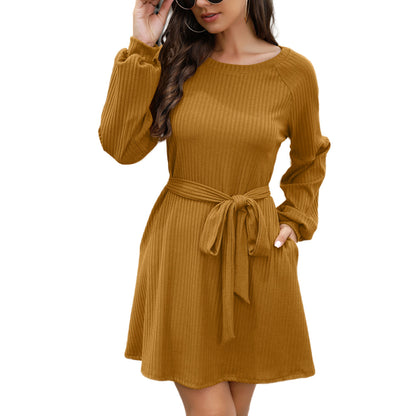 Casual Long Sleeve Solid Color Ribbed Knit Dress Or With Belt Wholesale Dresses