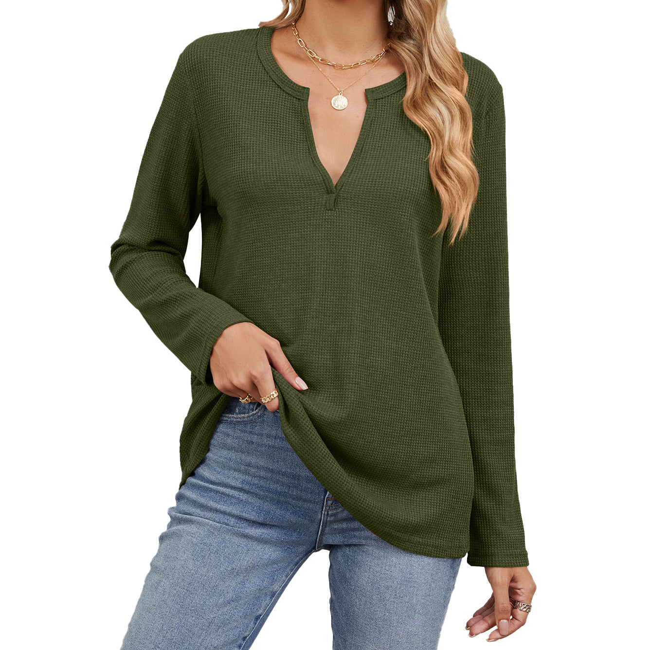 Loose V-Neck Long-Sleeved Solid Color Casual T-Shirts Wholesale Womens Clothing N3824091200017