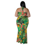 Wholesale Plus Size Clothing Fashion Print Neck Lace-Up Top And Hip Skirt Set