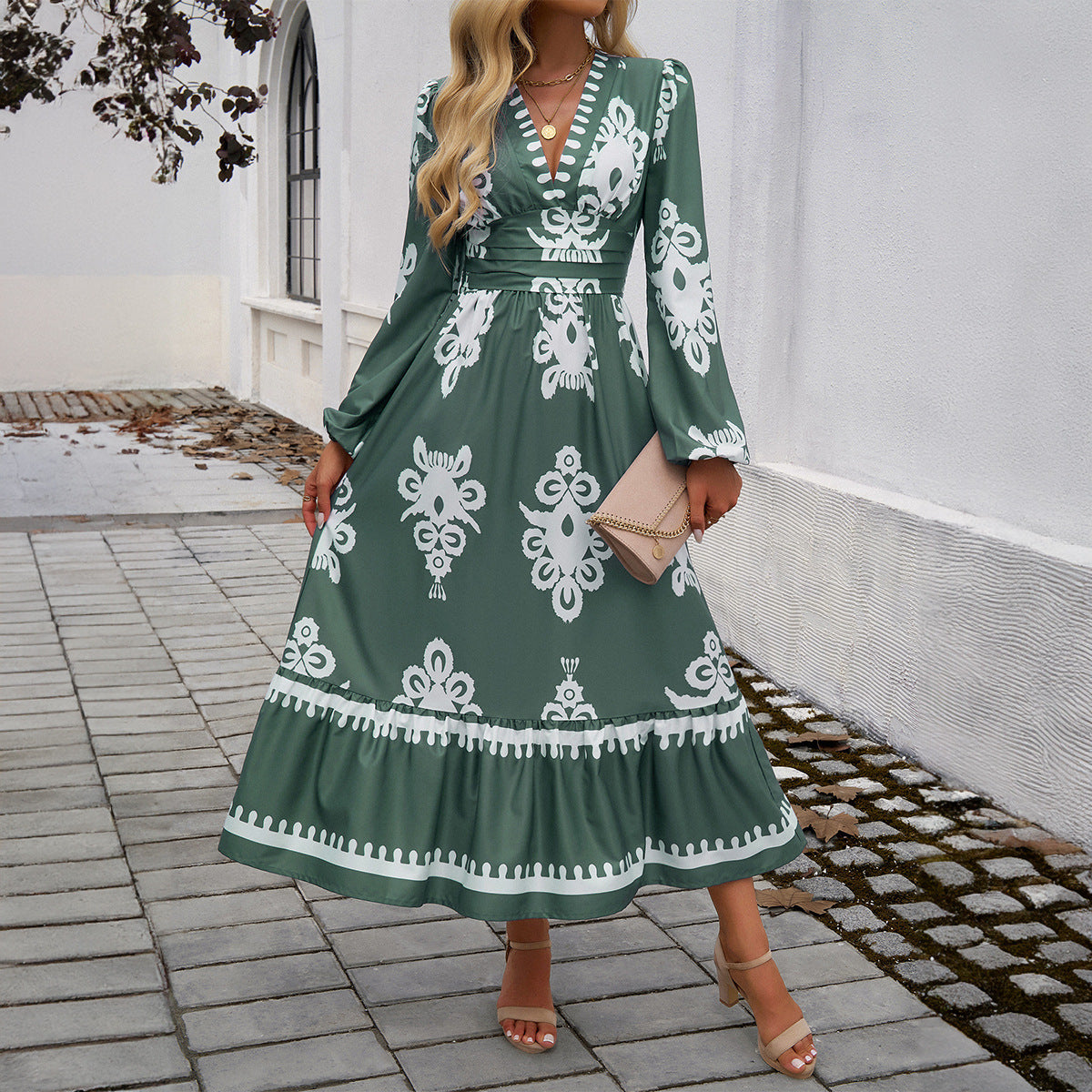 Elegant Printed V-Neck A-Line Dresses Long Sleeve Wholesale Womens Clothing N3824073100073