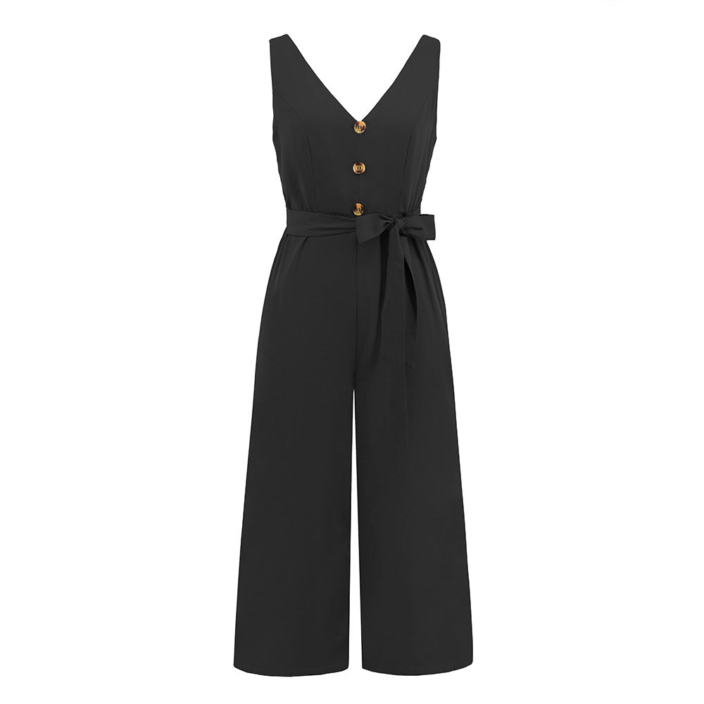 Sexy Slim Sleeveless Button V-Neck Jumpsuit Wholesale Womens Clothing N3824062100024