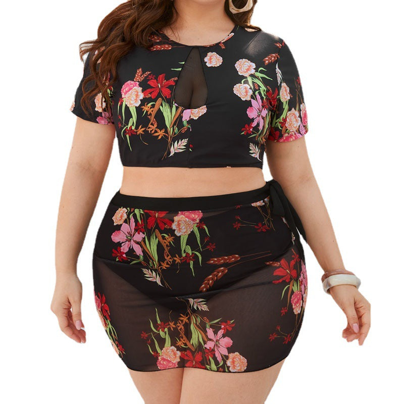 Wholesale Women Plus Size Clothing Printed Short-Sleeved Skirt Split Three-Piece Swimsuit