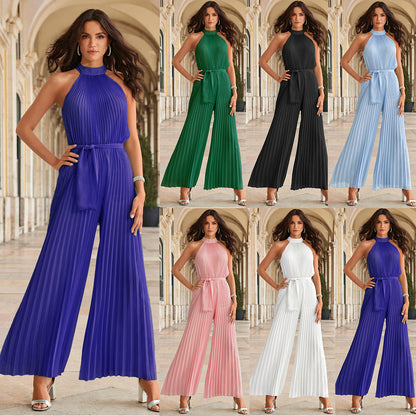 Sexy Halter Sleeveless Pleated Jumpsuit Wholesale Womens Clothing N3824062100017