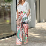 Casual V-Neck Bat-Sleeve Top And Stylish Printed Wide-Leg Trouser Set Wholesale Women'S 2 Piece Sets