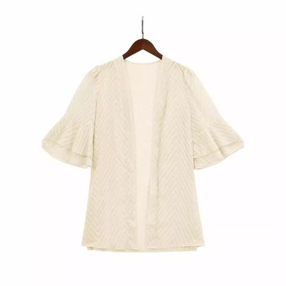 Solid Color Loose Double Ruffle Sleeve Cardigan Shirts Wholesale Womens Clothing N3824050700043