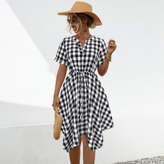 V-Neck Plaid Irregular Dresses Wholesale Womens Clothing N3824050700100