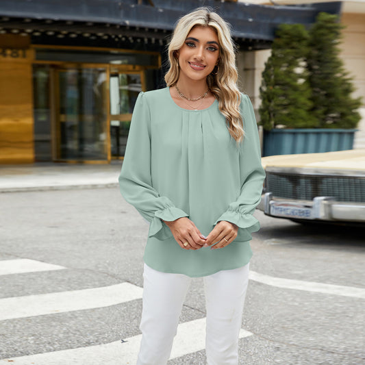 Solid Color Round Neck Tops Long Sleeve Loose Chiffon Shirts Wholesale Womens Clothing N3824070900031