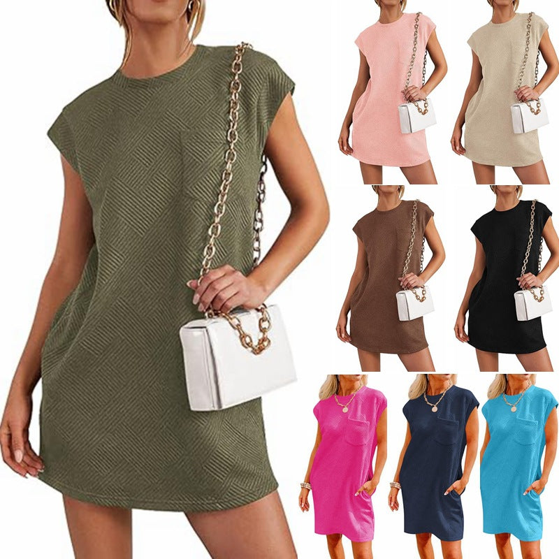 Jacquard Crew Neck Pocket Short Sleeve Loose Dresses Wholesale Womens Clothing N3824052000074