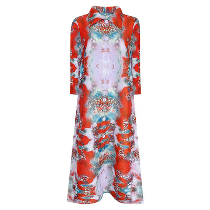 Casual Peacock Print Lapel Long Sleeve Dress Wholesale Dresses