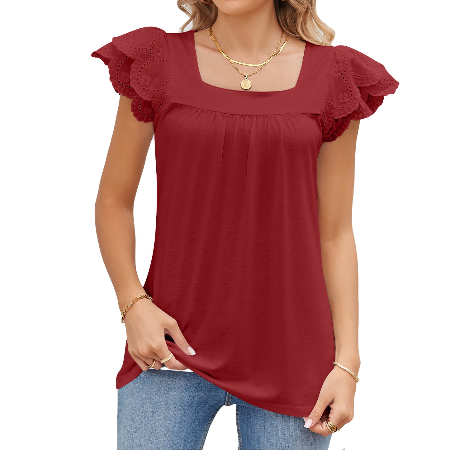 All-Match Solid Color Stitching Square Collar Petal Short-Sleeved Top Wholesale Women'S Top N4623052500033