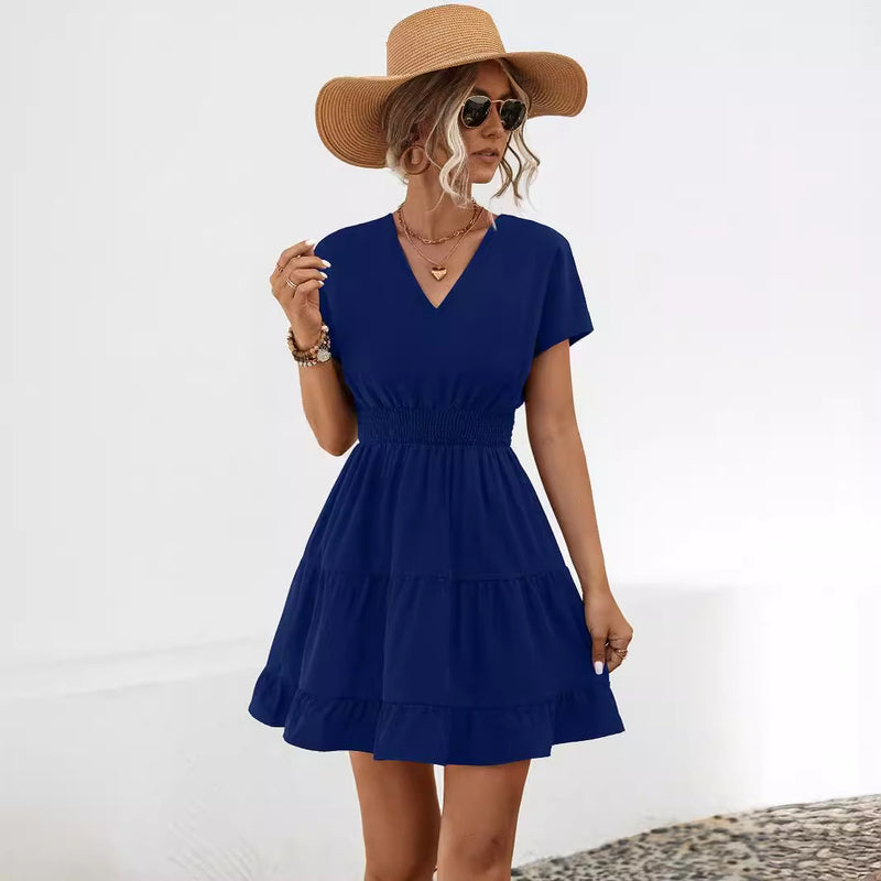 V-Neck Shorts Sleeve Smocked Mini Dresses Wholesale Womens Clothing N3824042900057
