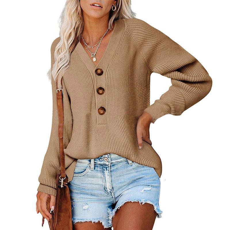 Temperament Long Sleeve Buttoned V-Neck Pullover Knit Sweater Wholesale Womens Tops