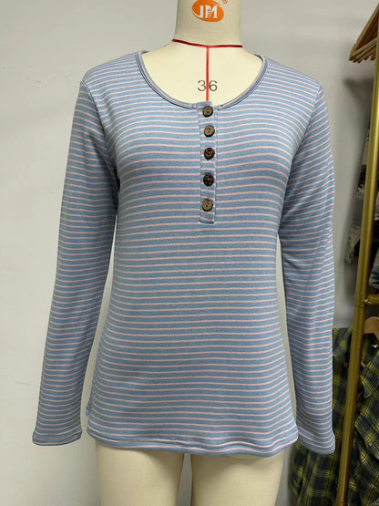 Round Neck Button Tops Loose Long Sleeve Striped T-Shirts Wholesale Womens Clothing N3824082300065