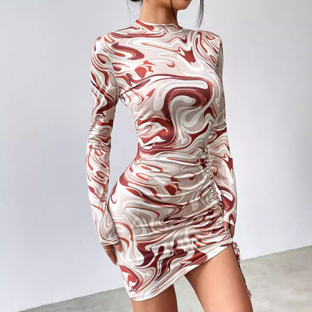 Slim Fit Abstract Print Sexy Drawstring Adjustable Hip Long Sleeve Dresses Wholesale Womens Clothing N3824091000090