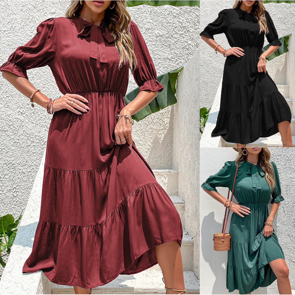 Fashion Pleated Bow Flutter Solid Color Dresses Wholesale Dresses