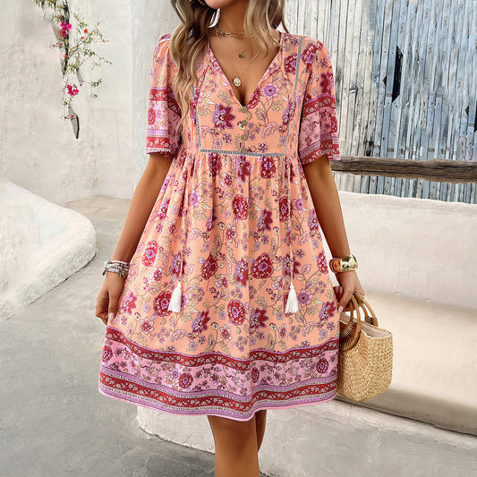 Holiday Floral V-Neck Short-Sleeved Dress Wholesale Womens Clothing N3824041600006