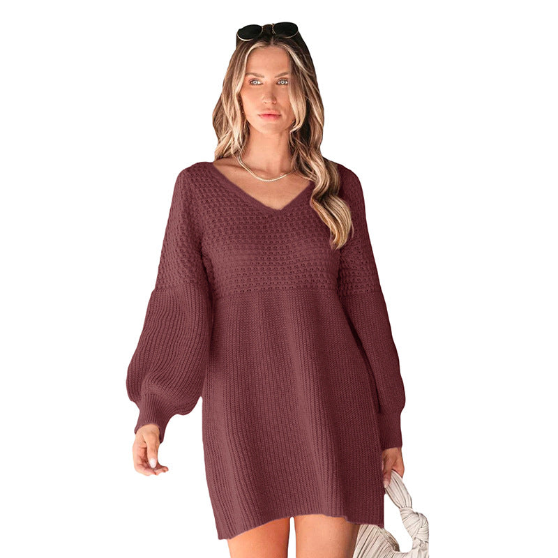 V-Neck Lantern Sleeve Solid Color Knitted Sweater Dresses Wholesale Womens Clothing N3824082900002