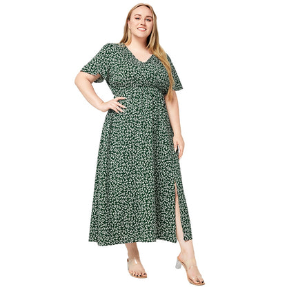 Plus Size V-Neck Short Sleeve Slit Print Pocket Bohemian Beach Dresses Wholesale Womens Clothing N3824080300029