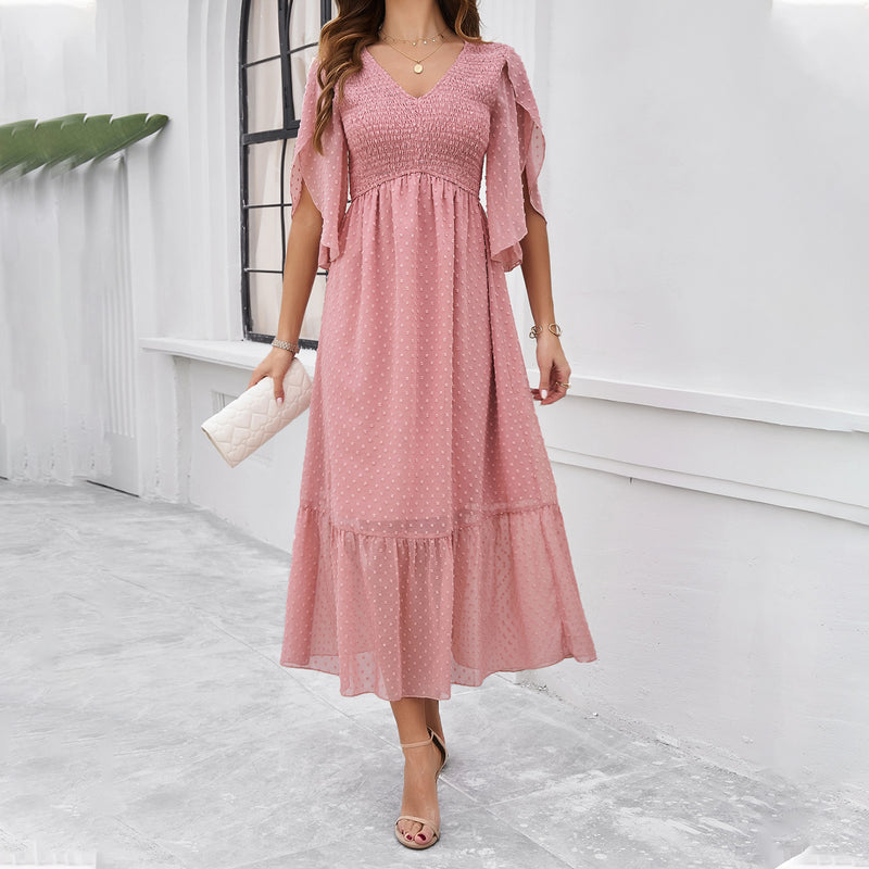 Elegant Solid Color V-Neck Dresses Swiss Dots Wholesale Womens Clothing N3824040100116