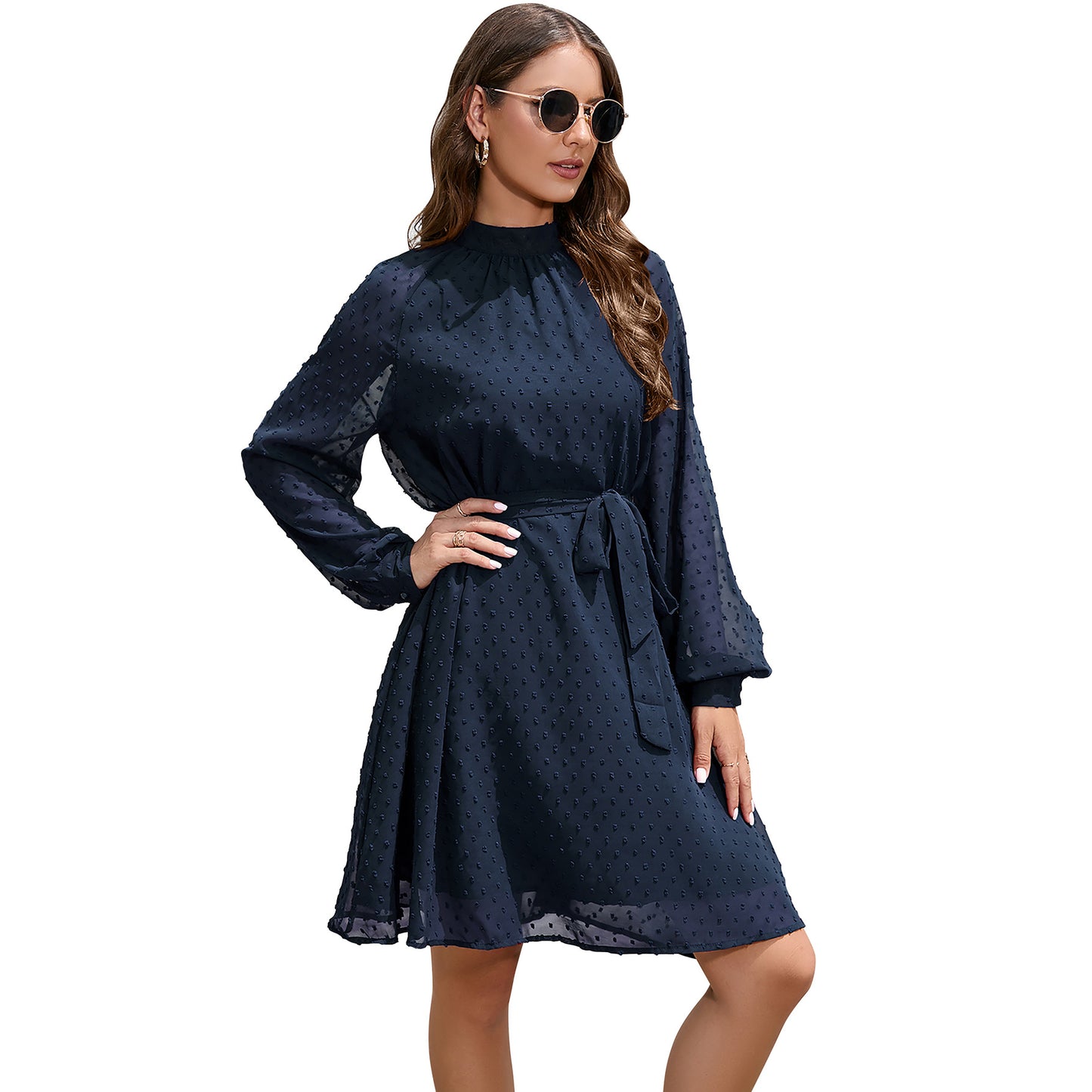 Long-Sleeve Flowing Chiffon Polka Dot Gentle Belt Dress Wholesale Dresses