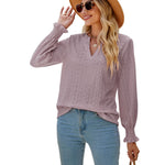 V-Neck Solid Color Hollow Ruffle Sleeve Loose Long-Sleeved Top Wholesale Womens Clothing N3823112800048