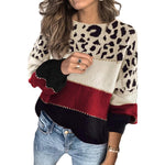 Round Neck Pullover Knit Leopard Contrast Color Sweater Wholesale Women'S Top