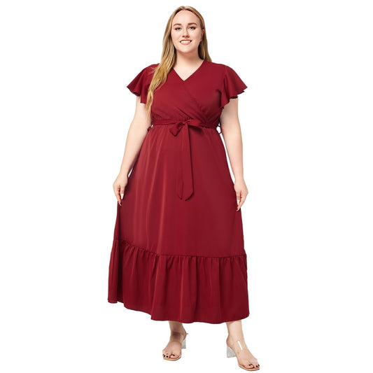 Plus Size Dresses Summer V-Neck Short Sleeve Solid Color Elegant Hem Dress Wholesale Womens Clothing N3824080300035