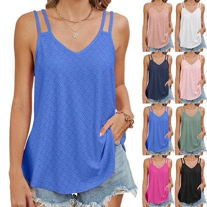 Double Strap Solid Color V-Neck Camisole Loose Hollow Tank Tops Wholesale Womens Clothing N3824052000087