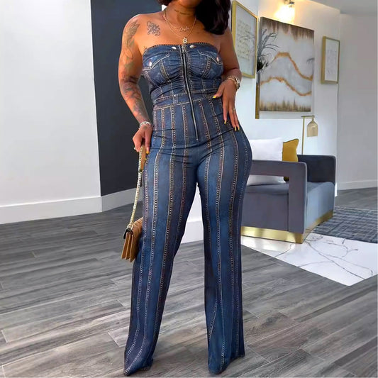 Faux Denim Printed Sleeveless Sheath Stretchy Hip Wrap Wide Leg Jumpsuit Wholesale Womens Clothing N3824101700016