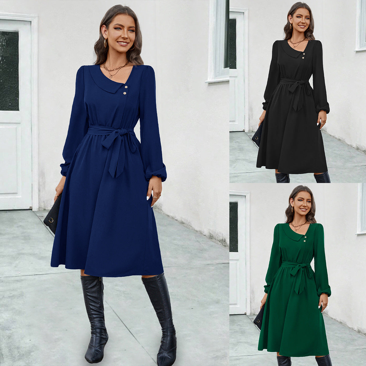 Irregular Neck Button Long Sleeve Dresses Wholesale Womens Clothing N3824062800053