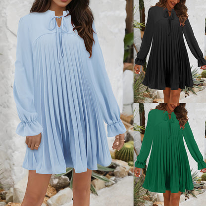 Lantern Sleeve Long Sleeve Solid Color Pleated Dresses Wholesale Womens Clothing N3824072000244