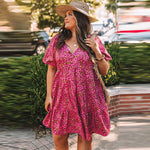 Wholesale Women Plus Size Clothing Print Pullover V-Neck Balloon Sleeve Dress