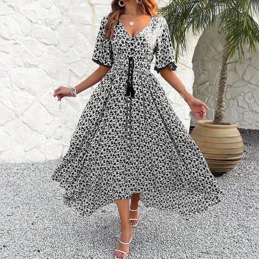 V-Neck High Waist Elegant Printed Dresses Wholesale Womens Clothing N3824062100005