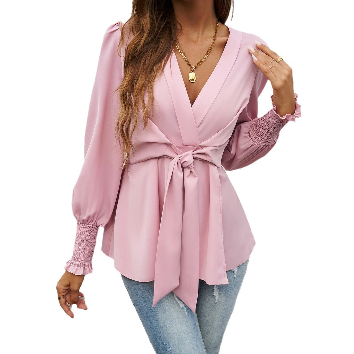 Casual V-Neck Tops Solid Color Long Sleeve Blouses Wholesale Womens Clothing N3824071500017