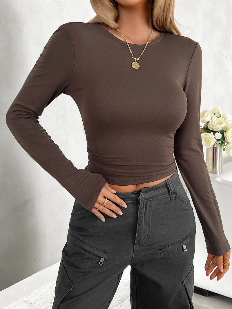 Round Neck Solid Color Slim Fit Long Sleeve Tops Wholesale Womens Clothing N3824060600043
